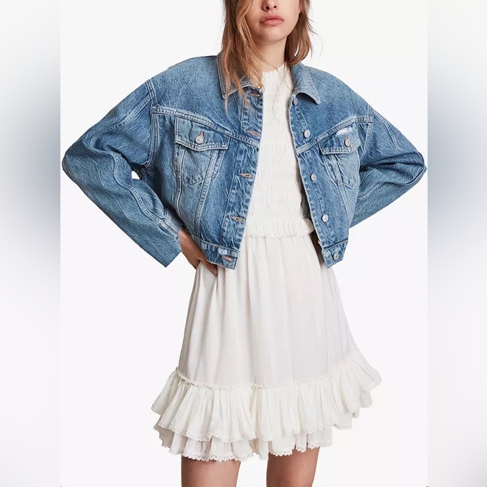 All Saints Beth Patch Cropped Distressed Denim Jacket